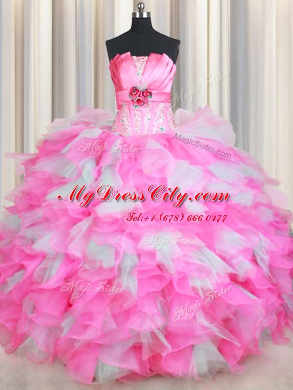 Lovely Pink And White Strapless Lace Up Beading and Ruffles and Hand Made Flower 15th Birthday Dress Sleeveless