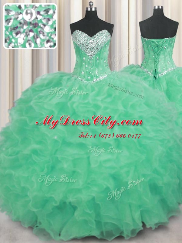 Inexpensive Apple Green Organza Lace Up Sweetheart Sleeveless Floor Length Quinceanera Dresses Beading and Ruffles