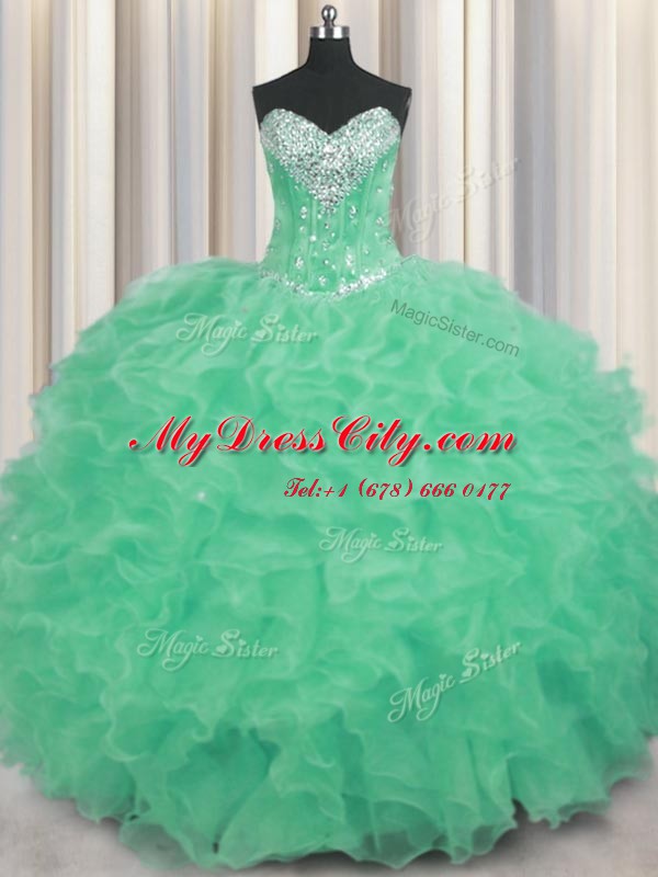 Inexpensive Apple Green Organza Lace Up Sweetheart Sleeveless Floor Length Quinceanera Dresses Beading and Ruffles