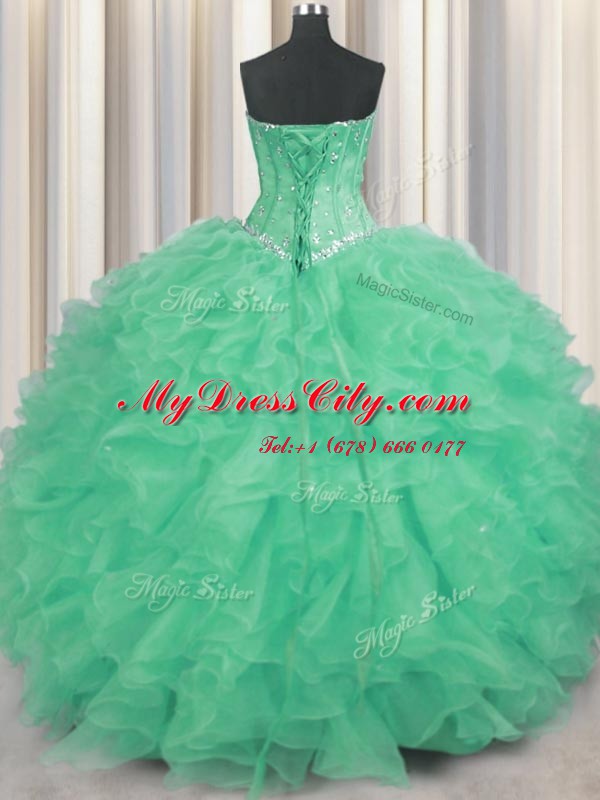 Inexpensive Apple Green Organza Lace Up Sweetheart Sleeveless Floor Length Quinceanera Dresses Beading and Ruffles