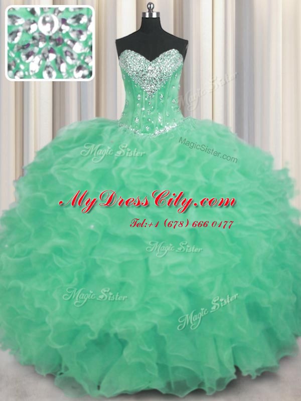 Inexpensive Apple Green Organza Lace Up Sweetheart Sleeveless Floor Length Quinceanera Dresses Beading and Ruffles