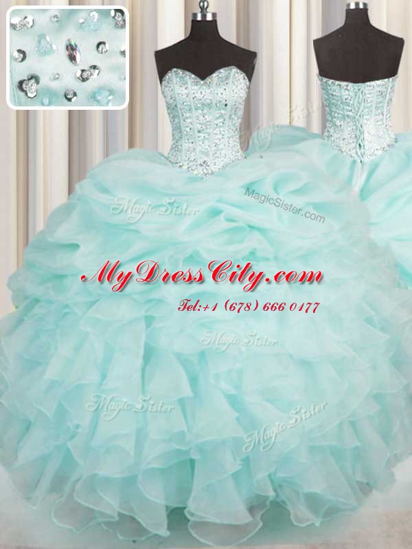 Aqua Blue Sweetheart Neckline Beading and Ruffles Vestidos de Quinceanera Sleeveless Lace Up