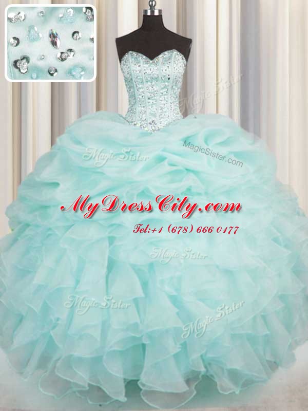 Aqua Blue Sweetheart Neckline Beading and Ruffles Vestidos de Quinceanera Sleeveless Lace Up