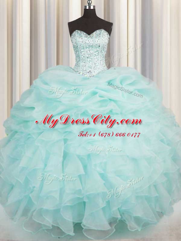 Aqua Blue Sweetheart Neckline Beading and Ruffles Vestidos de Quinceanera Sleeveless Lace Up