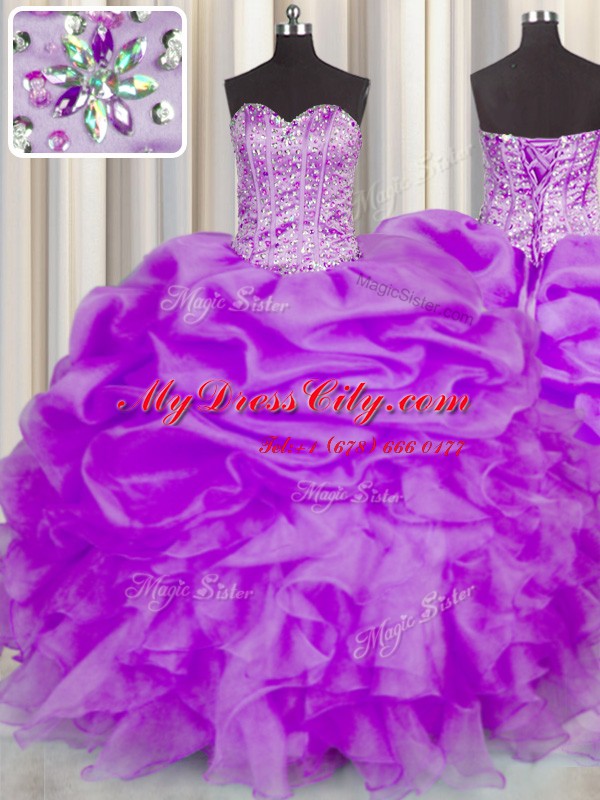 Purple Sleeveless Floor Length Beading and Ruffles and Pick Ups Lace Up Ball Gown Prom Dress