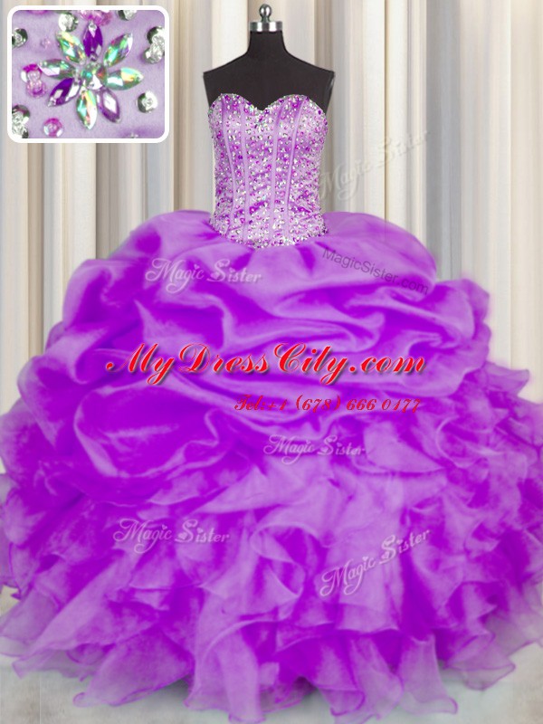 Purple Sleeveless Floor Length Beading and Ruffles and Pick Ups Lace Up Ball Gown Prom Dress