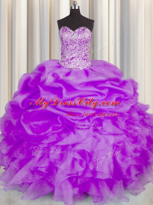 Purple Sleeveless Floor Length Beading and Ruffles and Pick Ups Lace Up Ball Gown Prom Dress