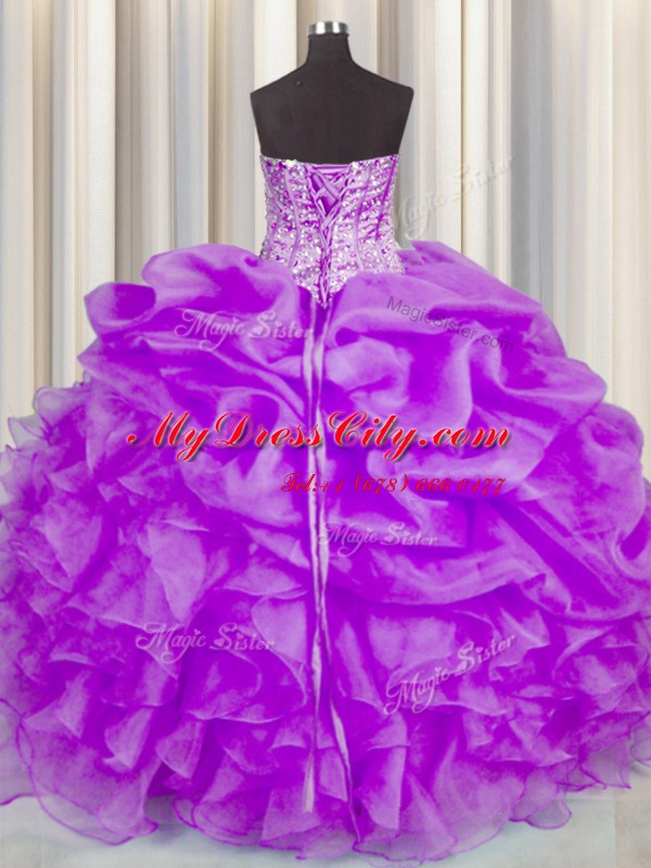 Purple Sleeveless Floor Length Beading and Ruffles and Pick Ups Lace Up Ball Gown Prom Dress