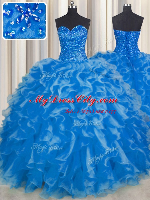 Ball Gowns 15th Birthday Dress Blue Sweetheart Organza Sleeveless Floor Length Lace Up