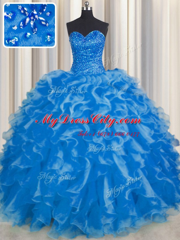 Ball Gowns 15th Birthday Dress Blue Sweetheart Organza Sleeveless Floor Length Lace Up