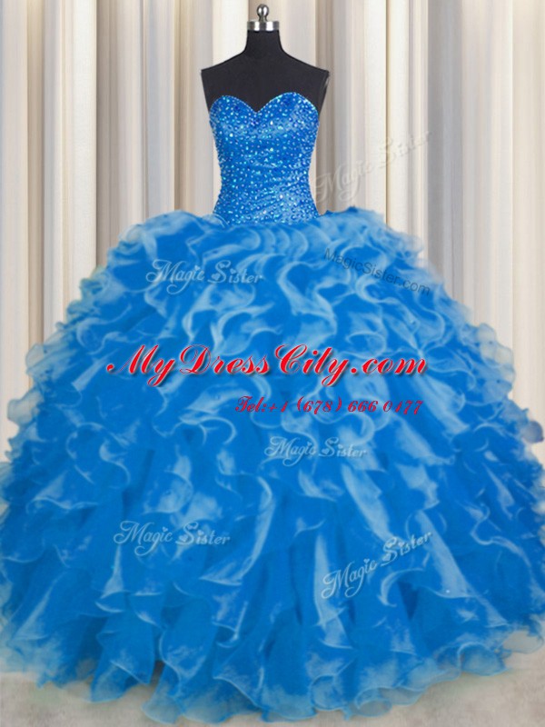 Ball Gowns 15th Birthday Dress Blue Sweetheart Organza Sleeveless Floor Length Lace Up