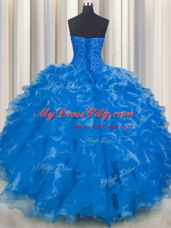 Ball Gowns 15th Birthday Dress Blue Sweetheart Organza Sleeveless Floor Length Lace Up