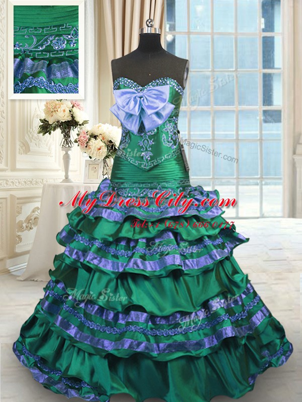 Unique Dark Green Sweetheart Lace Up Appliques and Embroidery and Ruffled Layers and Bowknot Sweet 16 Dresses Brush Train Sleeveless