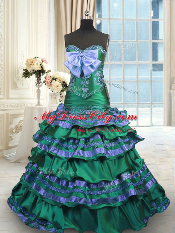 Unique Dark Green Sweetheart Lace Up Appliques and Embroidery and Ruffled Layers and Bowknot Sweet 16 Dresses Brush Train Sleeveless