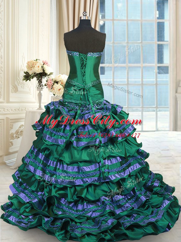 Unique Dark Green Sweetheart Lace Up Appliques and Embroidery and Ruffled Layers and Bowknot Sweet 16 Dresses Brush Train Sleeveless