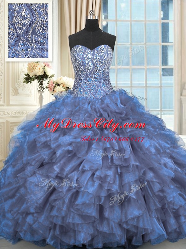 Beading and Ruffles Quinceanera Gown Blue Lace Up Sleeveless Brush Train