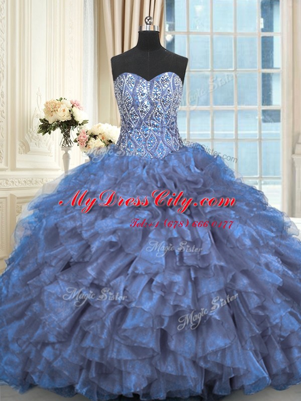 Beading and Ruffles Quinceanera Gown Blue Lace Up Sleeveless Brush Train