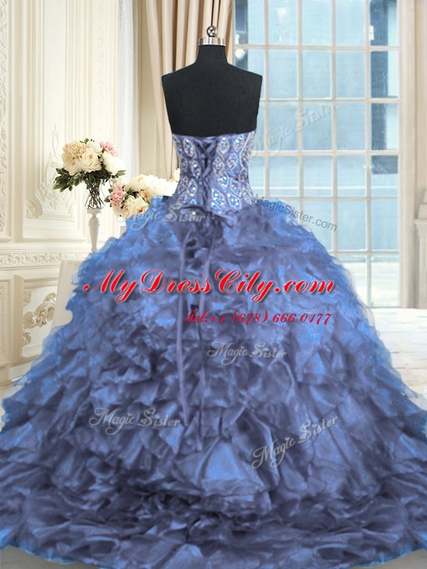 Beading and Ruffles Quinceanera Gown Blue Lace Up Sleeveless Brush Train