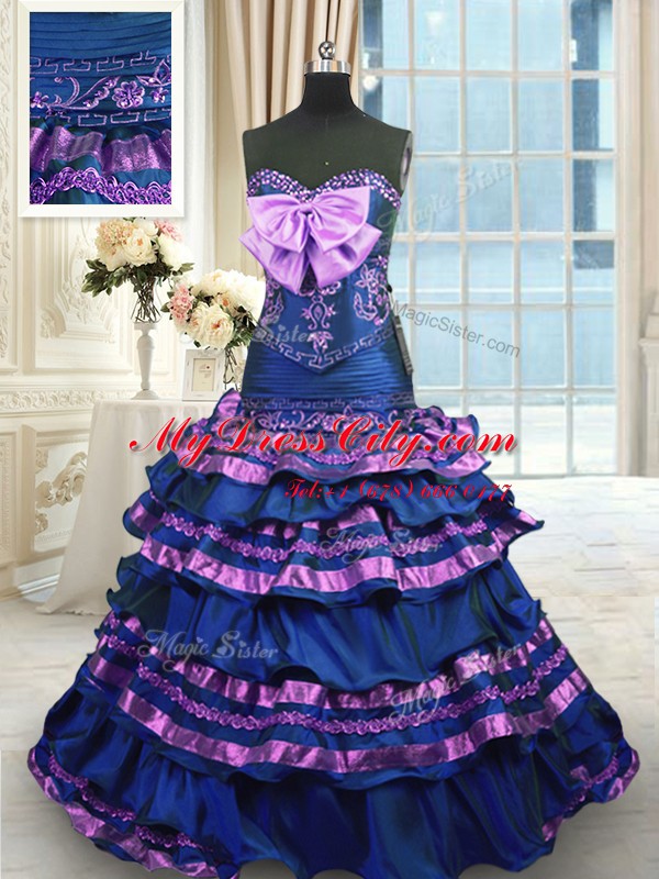 Ideal Sweetheart Sleeveless Taffeta 15 Quinceanera Dress Appliques and Ruffled Layers and Bowknot Brush Train Lace Up