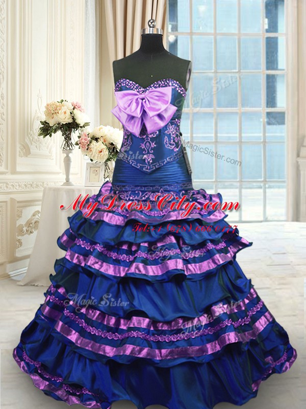 Ideal Sweetheart Sleeveless Taffeta 15 Quinceanera Dress Appliques and Ruffled Layers and Bowknot Brush Train Lace Up