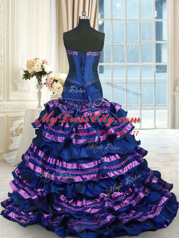 Ideal Sweetheart Sleeveless Taffeta 15 Quinceanera Dress Appliques and Ruffled Layers and Bowknot Brush Train Lace Up