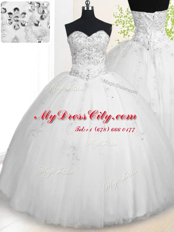 White Sleeveless Tulle Lace Up Quinceanera Dress for Military Ball and Sweet 16 and Quinceanera