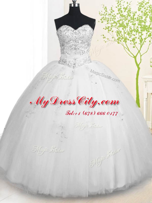 White Sleeveless Tulle Lace Up Quinceanera Dress for Military Ball and Sweet 16 and Quinceanera