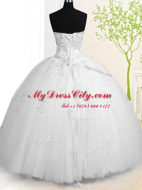 White Sleeveless Tulle Lace Up Quinceanera Dress for Military Ball and Sweet 16 and Quinceanera