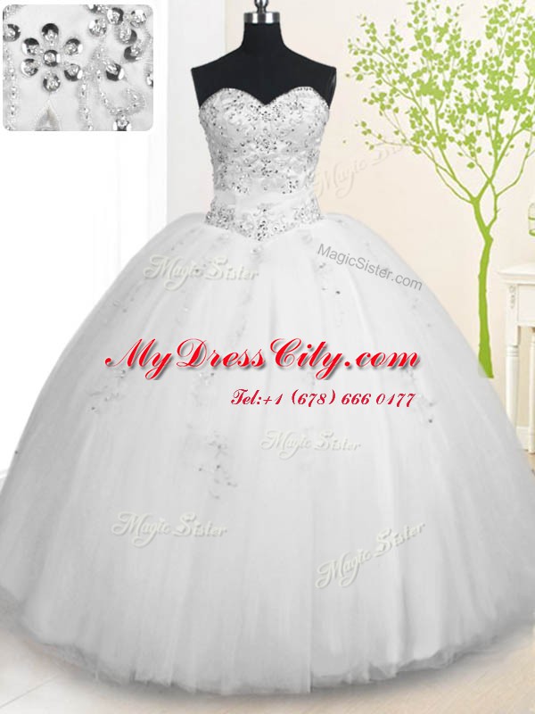 White Sleeveless Tulle Lace Up Quinceanera Dress for Military Ball and Sweet 16 and Quinceanera