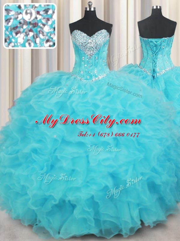 Aqua Blue Lace Up Ball Gown Prom Dress Beading and Ruffles Sleeveless Floor Length