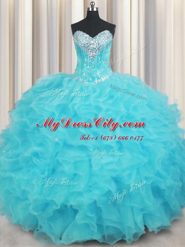 Aqua Blue Lace Up Ball Gown Prom Dress Beading and Ruffles Sleeveless Floor Length