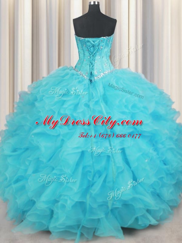 Aqua Blue Lace Up Ball Gown Prom Dress Beading and Ruffles Sleeveless Floor Length