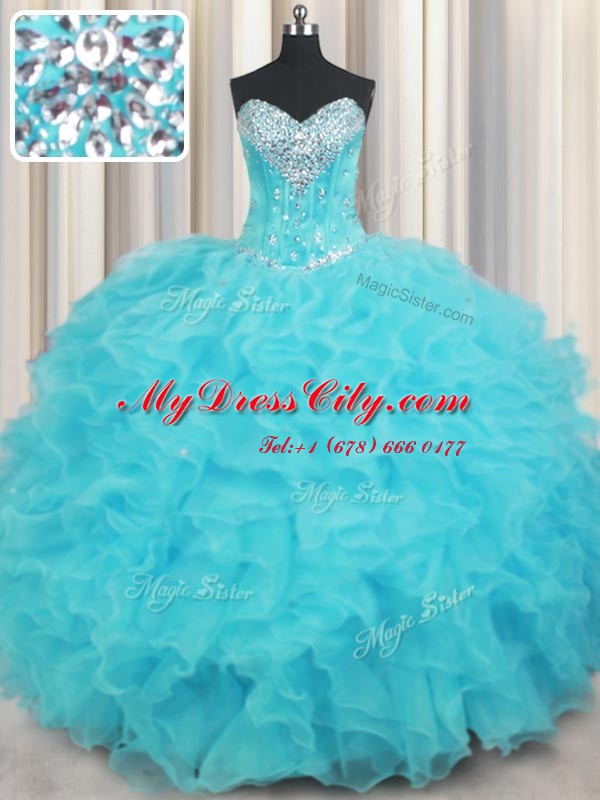 Aqua Blue Lace Up Ball Gown Prom Dress Beading and Ruffles Sleeveless Floor Length