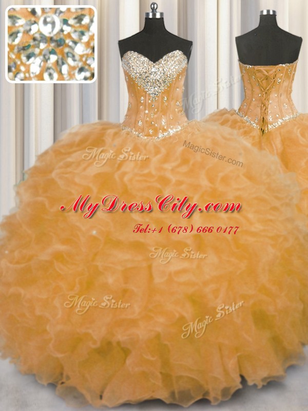 Classical Floor Length Orange 15th Birthday Dress Organza Sleeveless Beading and Ruffles