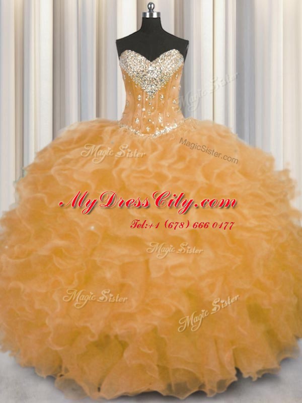 Classical Floor Length Orange 15th Birthday Dress Organza Sleeveless Beading and Ruffles