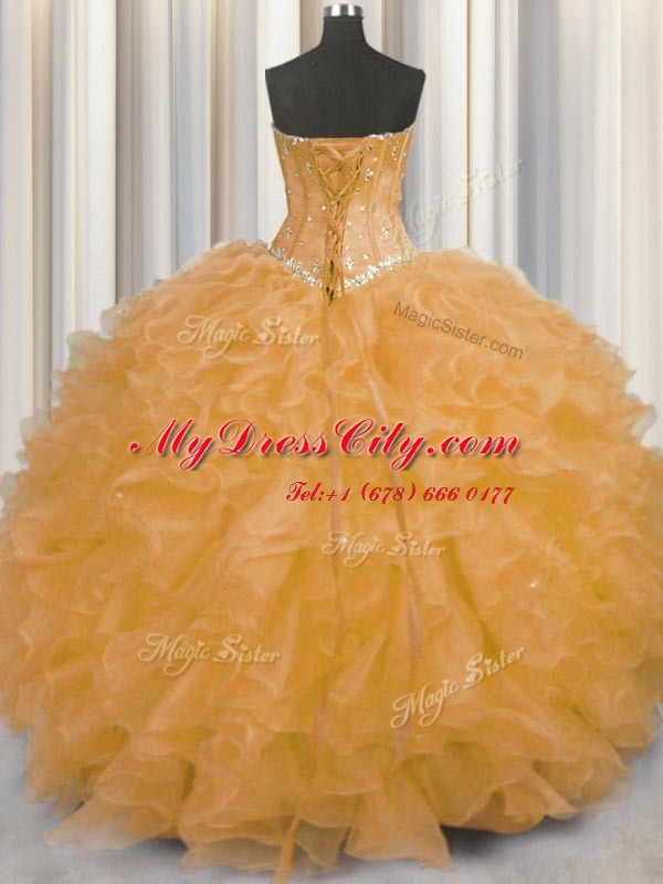 Classical Floor Length Orange 15th Birthday Dress Organza Sleeveless Beading and Ruffles