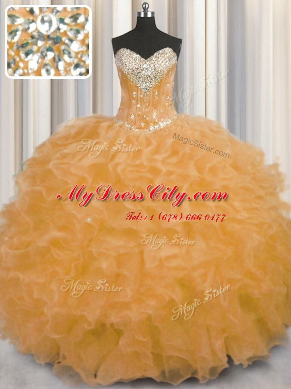 Classical Floor Length Orange 15th Birthday Dress Organza Sleeveless Beading and Ruffles