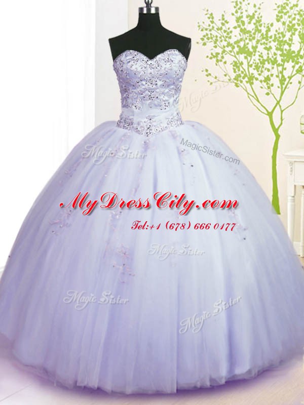 Attractive Lavender Tulle Lace Up Sweetheart Sleeveless Floor Length Quinceanera Gowns Beading and Appliques