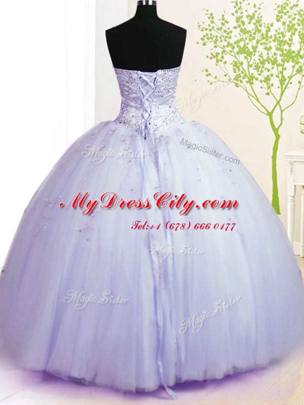 Attractive Lavender Tulle Lace Up Sweetheart Sleeveless Floor Length Quinceanera Gowns Beading and Appliques