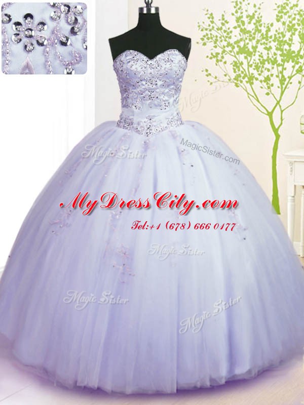 Attractive Lavender Tulle Lace Up Sweetheart Sleeveless Floor Length Quinceanera Gowns Beading and Appliques