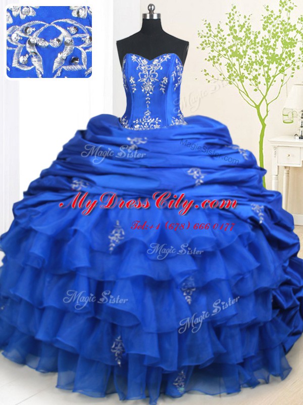 Colorful Sleeveless Brush Train Beading and Appliques and Ruffled Layers and Pick Ups Lace Up Quinceanera Gowns