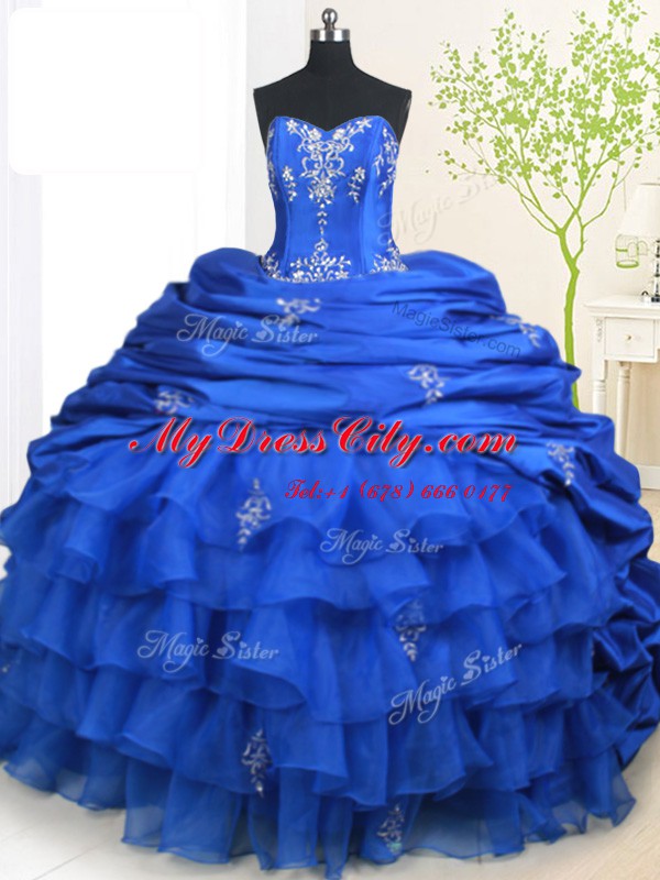 Colorful Sleeveless Brush Train Beading and Appliques and Ruffled Layers and Pick Ups Lace Up Quinceanera Gowns