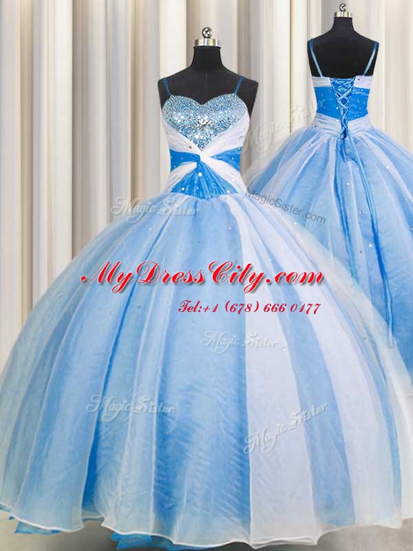 Customized Spaghetti Straps Sleeveless Chiffon Floor Length Lace Up Sweet 16 Dress in Baby Blue with Beading and Sequins and Ruching