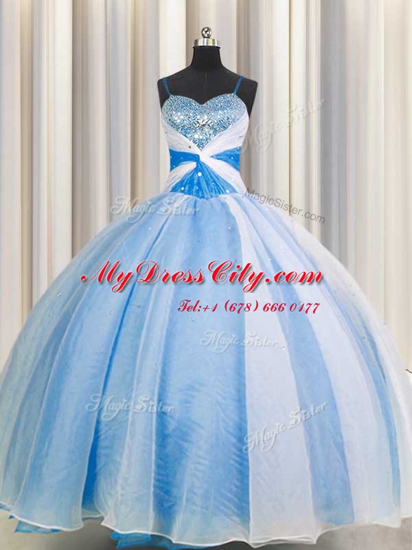 Customized Spaghetti Straps Sleeveless Chiffon Floor Length Lace Up Sweet 16 Dress in Baby Blue with Beading and Sequins and Ruching