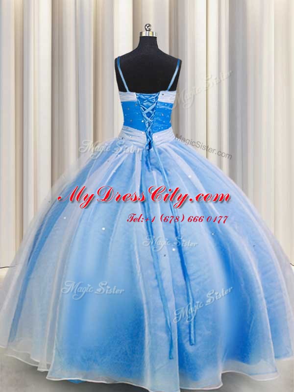 Customized Spaghetti Straps Sleeveless Chiffon Floor Length Lace Up Sweet 16 Dress in Baby Blue with Beading and Sequins and Ruching