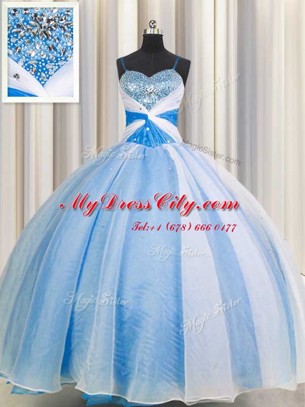 Customized Spaghetti Straps Sleeveless Chiffon Floor Length Lace Up Sweet 16 Dress in Baby Blue with Beading and Sequins and Ruching