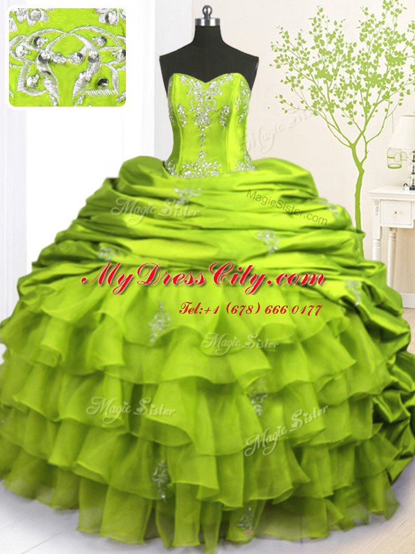 Eye-catching Strapless Sleeveless Ball Gown Prom Dress With Brush Train Beading and Appliques and Ruffled Layers and Pick Ups Olive Green Organza and Taffeta