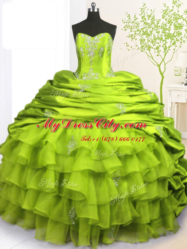 Eye-catching Strapless Sleeveless Ball Gown Prom Dress With Brush Train Beading and Appliques and Ruffled Layers and Pick Ups Olive Green Organza and Taffeta