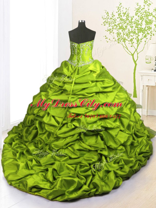 Eye-catching Strapless Sleeveless Ball Gown Prom Dress With Brush Train Beading and Appliques and Ruffled Layers and Pick Ups Olive Green Organza and Taffeta