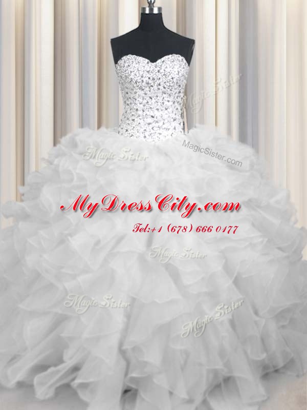 White Organza Lace Up Quinceanera Dresses Sleeveless Floor Length Beading and Ruffles